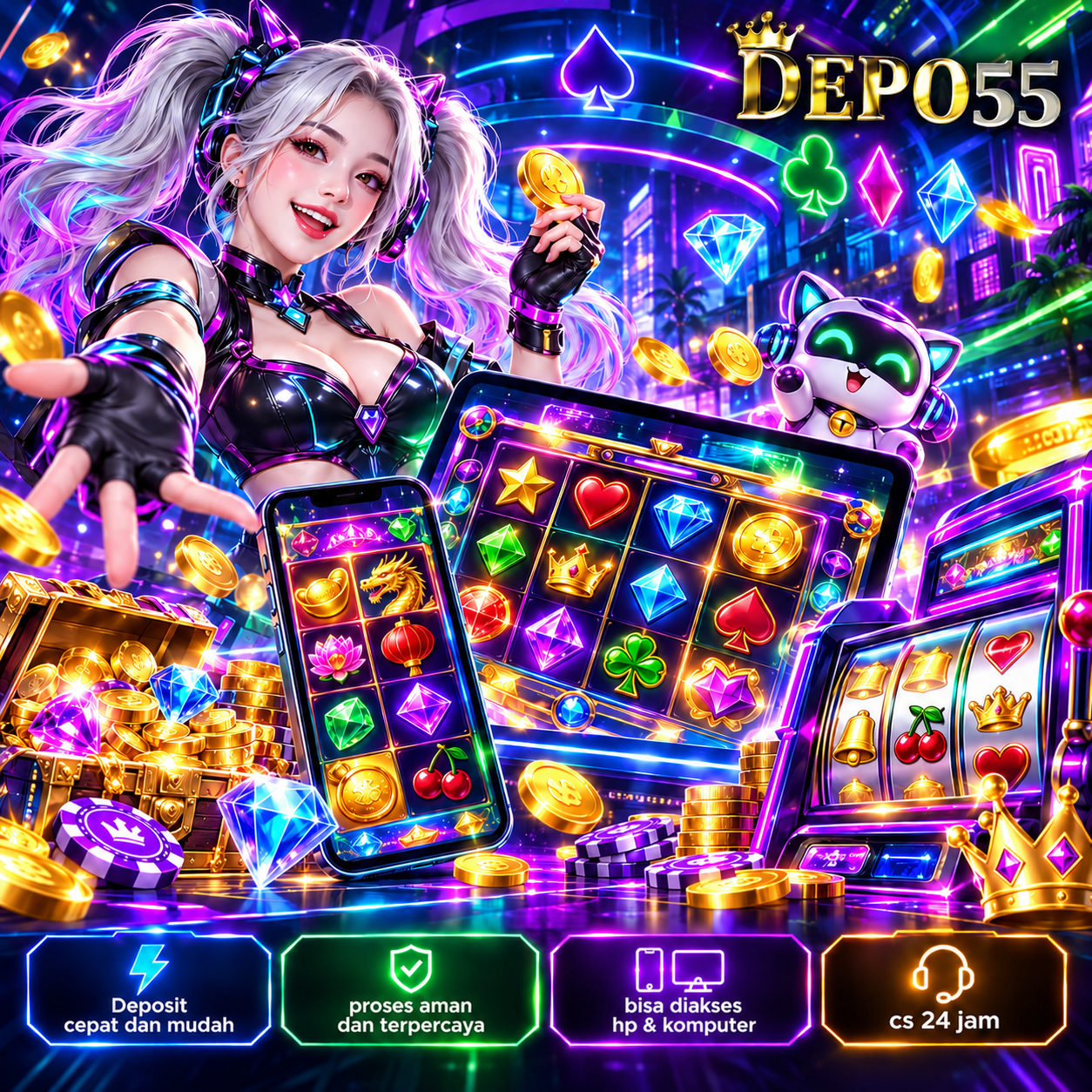Banner ilustrasi DEPO55 bertema neon, game digital, karakter dan ikon hiburan